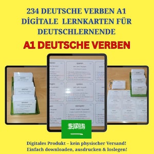 Op de afbeelding: Een set van 234 Duitse werkwoordkaarten voor taalstudenten. De kaarten zijn gestapeld en tonen het werkwoord "ablehnen" (afwijzen) in het Duits. De afbeelding bevat ook de tekst "Digitale Produkt - kein physischer Versand! Einfach downloaden, ausdrucken & loslegen!" (Digitaal product - geen fysieke verzending! Download, print en begin met leren!).