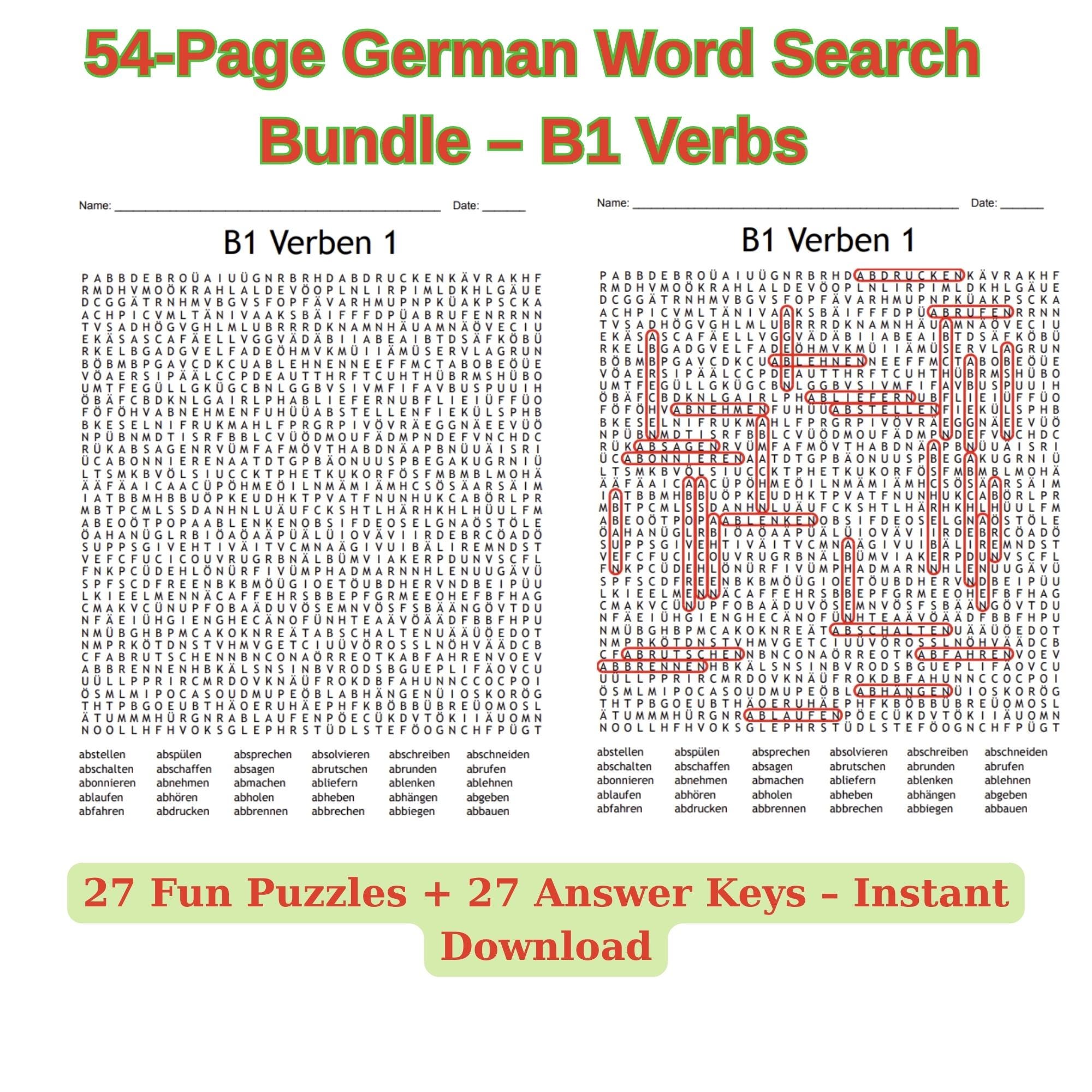 German Verb Word Search B1 – 54 Pages PDF | 27 Puzzles + Solutions