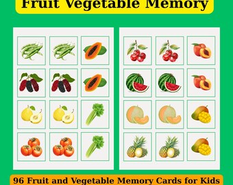 96 Fruit and Vegetable Memory Cards for Kids | Montessori Inspired Matching Game | Preschool & Toddler Printable | Educational flash cards