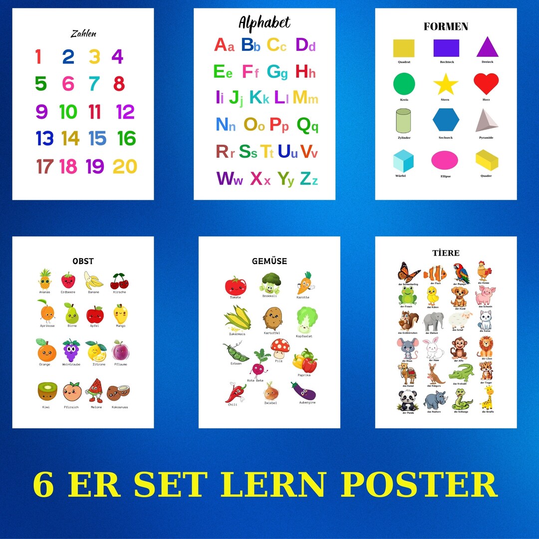 6 Learning Poster Set for Children, ABC and Numbers, Children's Room ...
