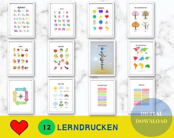 Digital, printable school posters: 12 learning posters for learning German, rainbow nursery decor and Montessori classroom, printables
