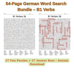 Könnte beinhalten: Ein digitaler Download mit einem 54-seitigen deutschen Wortsuchrätsel-Bundle, das sich auf B1-Verben konzentriert. Das Bild zeigt zwei Wortsuchrätsel mit hervorgehobenen Wörtern und den Text "27 Fun Puzzles + 27 Answer Keys - Instant Download."