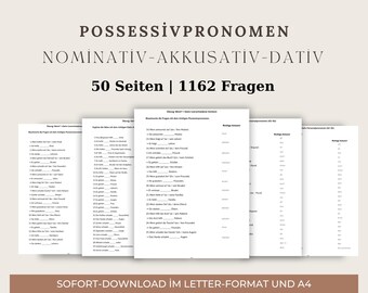 Possessive Pronouns Exercises Nominative Accusative Dative German A1–B1 PDF | 3 Cases Grammar Worksheets | 1162+ Exercises with Solutions