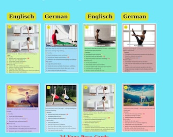 24 Yoga Pose Cards – Printable Flashcards in German & English – Illustrated Yoga PDF – Bilingual Yoga Poses – Digital Download