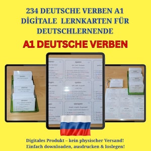 以下が含まれることがあります： ドイツ語を学ぶための234枚のドイツ語動詞フラッシュカードセット。フラッシュカードはバインダーに整理されており、動詞、不定詞、例文が記載されています。画像には「234 Deutsche Verben A1 Digitale Lernkarten für Deutschlernende A1 Deutsche Verben」というテキストも含まれています。