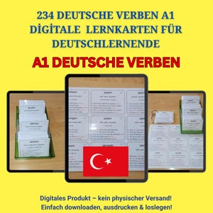 A1 Deutsch Verben mit Türkischen Erklärungen und Beispielsätzen - 234 Häufigste Verben - Deutsche  Lernkarten zum Ausdrucken