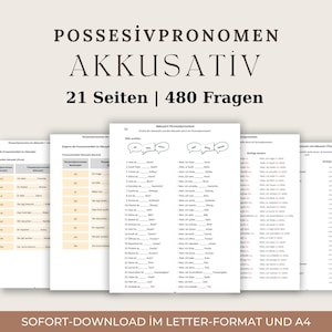以下が含まれることがあります： 「POSSESIVPRONOMEN AKKUSATIV」と「21 Seiten | 480 Fragen」を含むドイツ語のテキストが印刷されたワークシートの束。ワークシートは白黒で、ベージュ色の表がいくつかあります。画像の下部には「SOFORT-DOWNLOAD IM LETTER-FORMAT UND A4」と書かれています。