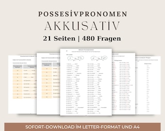 480 exercises on possessive pronouns (accusative case) in German, A1–B1 (PDF) | Grammar worksheets | Learn German with solutions | German worksheets