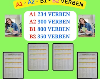 Duitse werkwoordenlijst A1–B2 | 1684 werkwoorden | Vervoegingstabel met Engelse vertaling | PDF en Excel | Digitale download