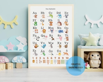 German Alphabet Animal Poster | ABC Poster German | Alphabet Poster Digital Download | German Nursery Decor | Kindergarten Learning Print