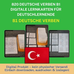 May include: Digital flashcards for German learners. The image shows a stack of flashcards in a yellow holder, with the text "820 DEUTSCHE VERBEN B1" and "B1 DEUTSCHE VERBEN". The background is green.
