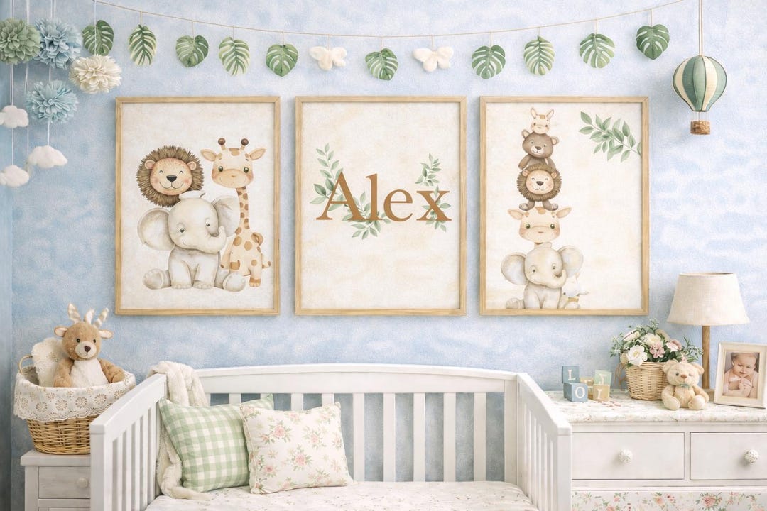 Personalized Jungle Nursery Wall Art Set | Framed Safari Animal Prints ...