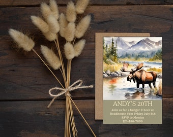 Moose Birthday Invitation, Outdoors Camo, Montana (Editable Digital Download)