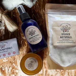 Organic Pet Grooming Gift Set: Flea Spray, Dry Shampoo & Paw Balm