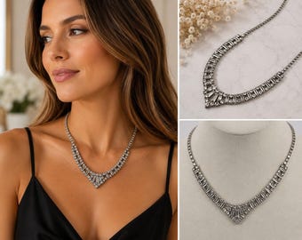 Vtg Kramer Rhinestone Necklace Silver Tone Baguette & Round Crystal Statement