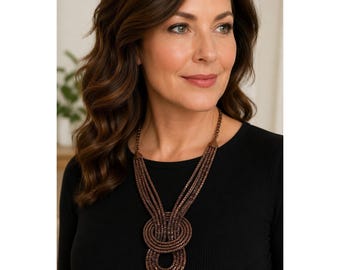 Statement Multi Strand Bronze Tone Beaded Necklace Large Knot Pendant Adjustable