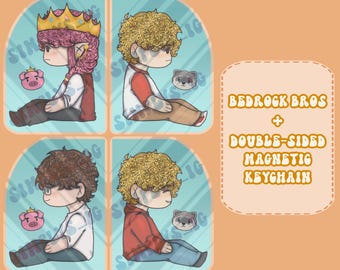 May include: A double-sided magnetic keychain featuring four cartoon characters. The keychain has the text "BEDROCK BROS + DOUBLE-SIDED MAGNETIC KEYCHAIN" and "ART BY: SIMPLYS_IG [ON INSTA]" in a playful font. The characters are in a seated position.