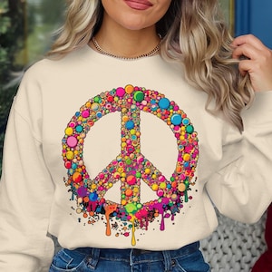 Peace Zeichen, bunte Bubble Art, psychedelischer Digitaldruck, Groovy Wanddekoration, Retro Peace Symbol, bunte Boho Kunst, einzigartiges Design