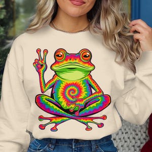 Psychedelic Frog PNG, Peace Sign Frog Art, Trippy Frog Print, Colorful Frog Illustration, Vibrant Frog Design, Hippie Frog Decor