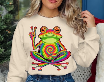 Psychedelic Frog PNG, Peace Sign Frog Art, Trippy Frog Print, Colorful Frog Illustration, Vibrant Frog Design, Hippie Frog Decor