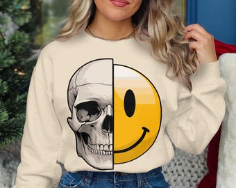 Half Skull Half Smiley Face PNG, Digital Art, Skull Wall Decor, Smiley Face Illustration, Skull Print, Smile Clipart