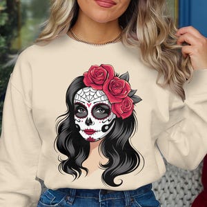 Dia De Los Muertos Woman PNG, Sugar Skull Girl Art, Day Of The Dead Print, Skull Face Painting, Floral Headpiece Digital Download