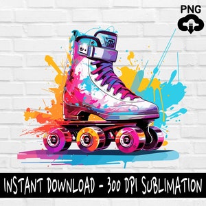 以下が含まれることがあります： 白を基調としたカラフルなローラースケート。ピンク、ブルー、イエローのペイントが飛び散っている。4つの車輪と黒いストラップが付いている