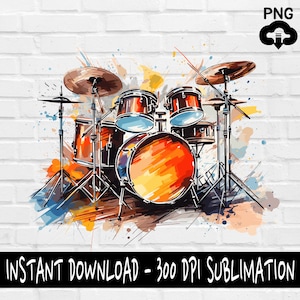 May include: A watercolor illustration of a drum set with splashes of color. The drum set is made up of a bass drum, a snare drum, two tom-toms, and cymbals.