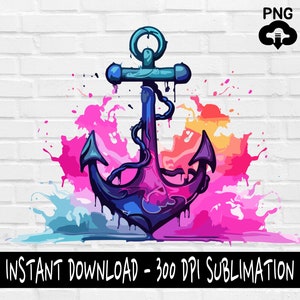 May include: A blue and purple anchor with a chain, surrounded by colorful watercolor splatters. The anchor is dripping with paint, creating a vibrant and artistic design.