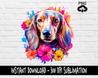 May include: A colorful digital illustration of a dachshund dog with a floral wreath around its neck. The dog's fur is painted in shades of brown, orange, and blue, and the flowers are pink, yellow, and purple.