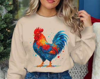 Ilustración colorida de gallo (PNG), decoración de animales de granja, arte de pollo, retrato de mascota, arte mural imprimible, descarga, para manualidades, sublimación