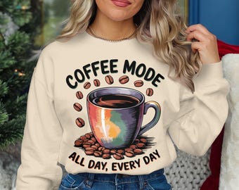 Coffee Mode PNG, All Day Every Day Coffee Cup Clip Art, Retro Coffee Mug Digital Download, Coffee Lover Graphic, Printable PNG