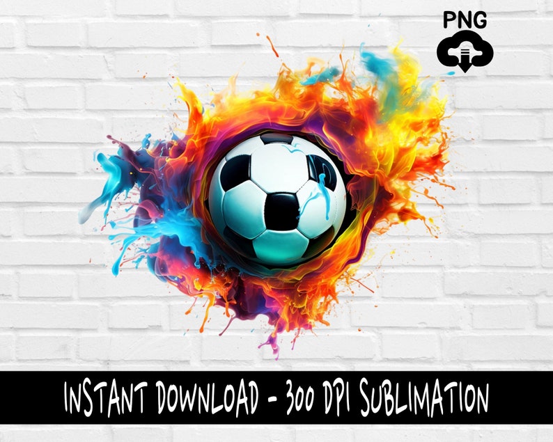 May include: A soccer ball with black and white panels is surrounded by a colorful explosion of paint splatters. The colors include red, orange, yellow, blue, and green.