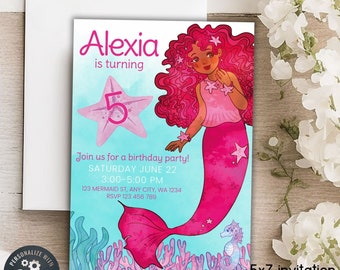 Editable Modest Mermaid Birthday Invitation, Black Biracial Mermaid for Girls Party, Under the Sea Printable Digital Invitation Template
