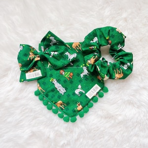 Green Over The Collar Dog Bandana Lucky Doggies and Bow, Matching Scrunchie, St. Patrick&#39;s Day Bandana, Silly Slip on Cat Dog Clothes