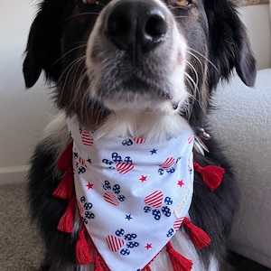 Patriotic Over The Collar Dog Bandana, American Dog Bandana, July 4th, Pet Dog Scarf, Easy Slip on, Tassels, Boy Large Dog Scarf, Paw Print
