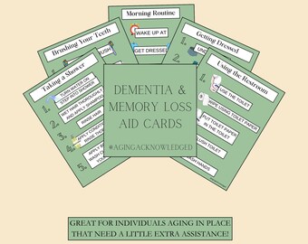 Può includere: Un set di schede verdi per l'assistenza alla demenza e alla perdita di memoria con istruzioni per le routine quotidiane. Le schede sono progettate per assistere le persone che invecchiano. Il testo include "Aging Acknowledged".