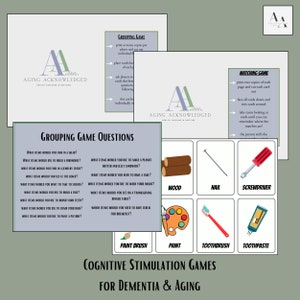 May include: Cognitive stimulation games for dementia and aging. The image shows game cards with illustrations of wood, a nail, a screwdriver, a paint brush, paint, a toothbrush, and toothpaste. Instructions for grouping and matching games are also included.