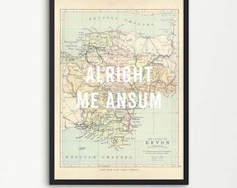 Mapa antiguo de Devon - Alright Me Ansum - Lámina artística de Devon, Póster antiguo de Devon, Mapa de Devon