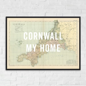 carte des Cornouailles vintage - Cornwall My Home - impression d'art des Cornouailles, affiche vintage des Cornouailles, carte des Cornouailles