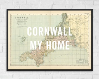 Mapa Vintage da Cornualha - Cornualha, Meu Lar - Impressão Artística da Cornualha, Pôster Vintage da Cornualha, Mapa da Cornualha