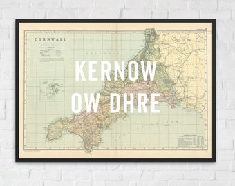 Mapa Vintage da Cornualha - Kernow Ow Dhre - Impressão Artística da Cornualha, Pôster Vintage da Cornualha, Mapa da Cornualha