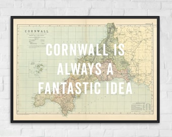 Mapa vintage da Cornualha - Cornualha é sempre uma ideia fantástica - Impressão artística da Cornualha, pôster vintage da Cornualha, mapa da Cornualha
