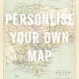 Personnalisez avec votre propre texte - carte du Devon vintage - impression d'art du Devon, affiche du Devon vintage, carte du Devon
