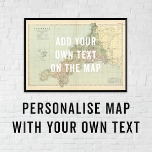 carte des Cornouailles vintage - personnaliser avec votre propre texte - impression d'art des Cornouailles, affiche vintage des Cornouailles, carte des Cornouailles