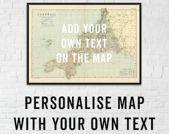Vintage Cornwall Map - Personalise With Your Own Text - Cornwall Art Print, Vintage Cornwall Poster, Cornish Map