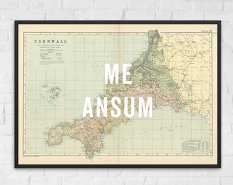 Mapa Vintage da Cornualha - 'Me Ansum' - Impressão artística da Cornualha, pôster vintage da Cornualha, mapa da Cornualha