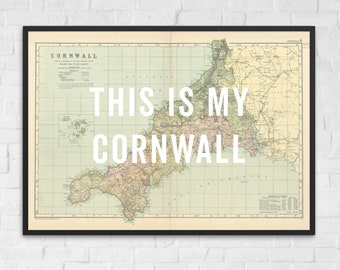 Mapa vintage da Cornualha - Esta é a minha Cornualha - Impressão artística da Cornualha, pôster vintage da Cornualha, mapa da Cornualha
