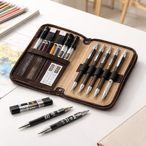 May include: A brown leather pencil case, open to show a selection of pens, pencils, and erasers. The case is zipped and has multiple compartments. Several mechanical pencils are held in place with black elastic bands. Two pens and an eraser are outside the case.