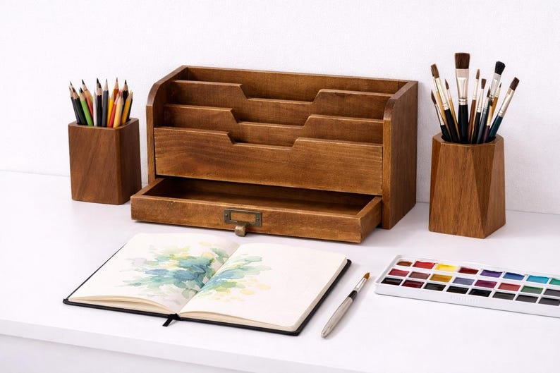 Vintage wooden desk organiser with three tier compartments and open drawer styled as an elegant artist workspace on a white table